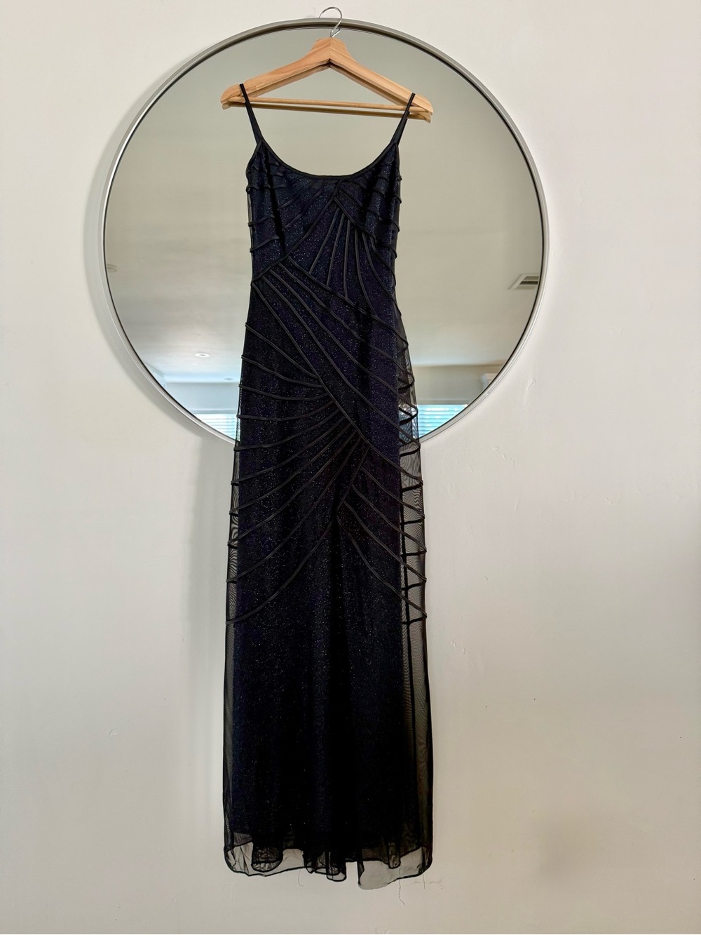 Tadashi Shoji Shimmery Navy with Sheer Black Overlay Maxi Dress